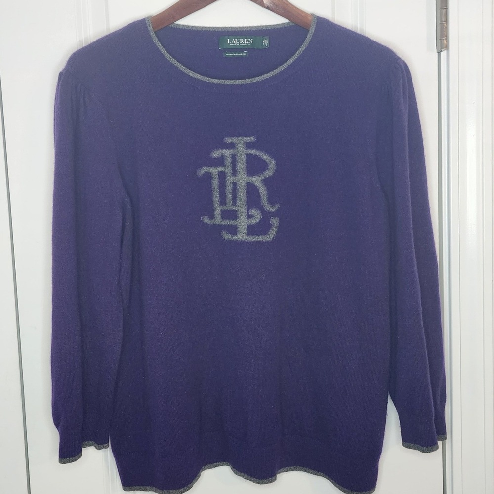 Lauren Ralph Lauren Purple 100% Cashmere Monogram Puff Shoulder Sweater XL